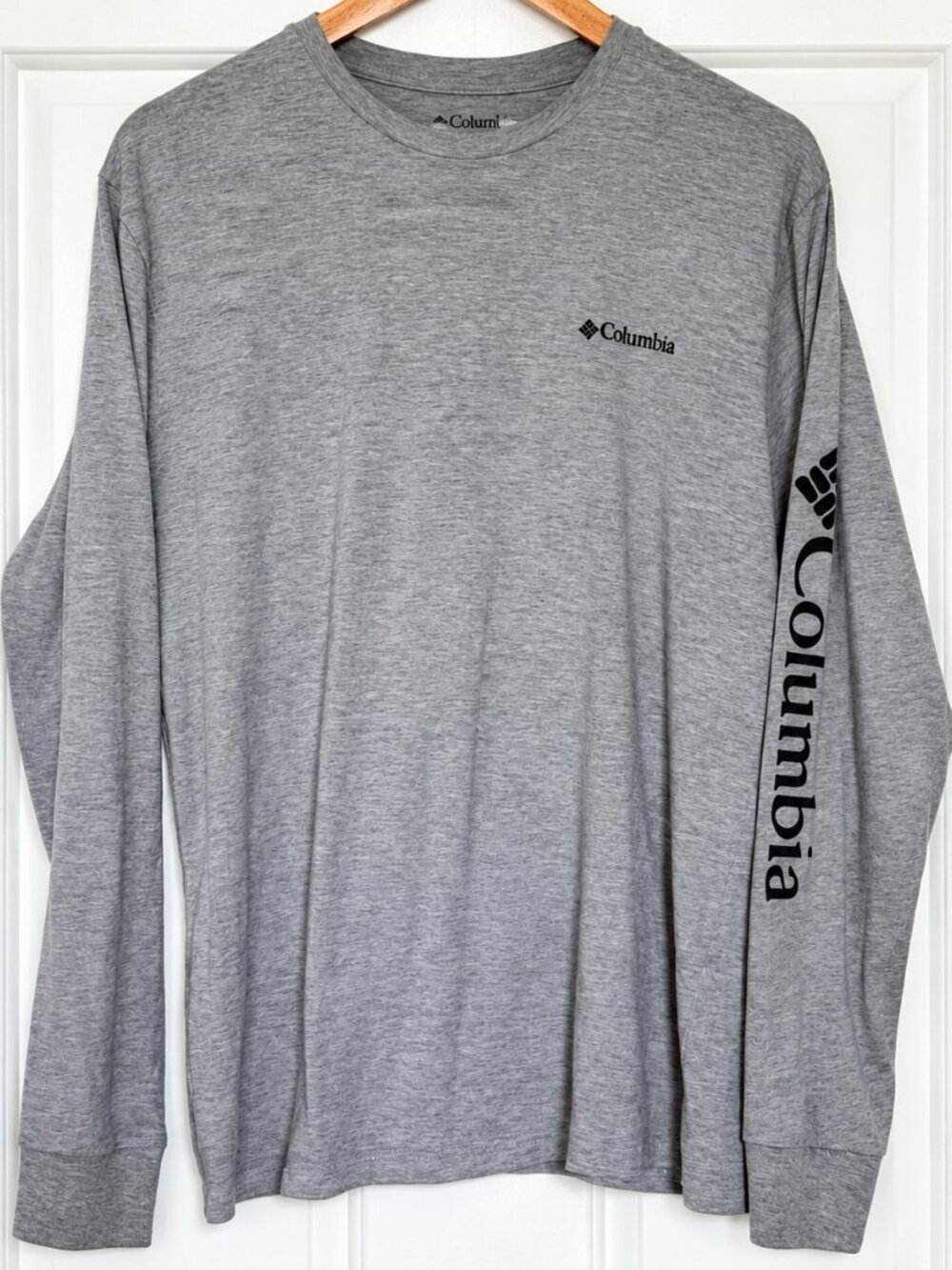 Columbia Men’s L Heather Gray Long Sleeve Logo Shirt Stretch Outdoor Casual